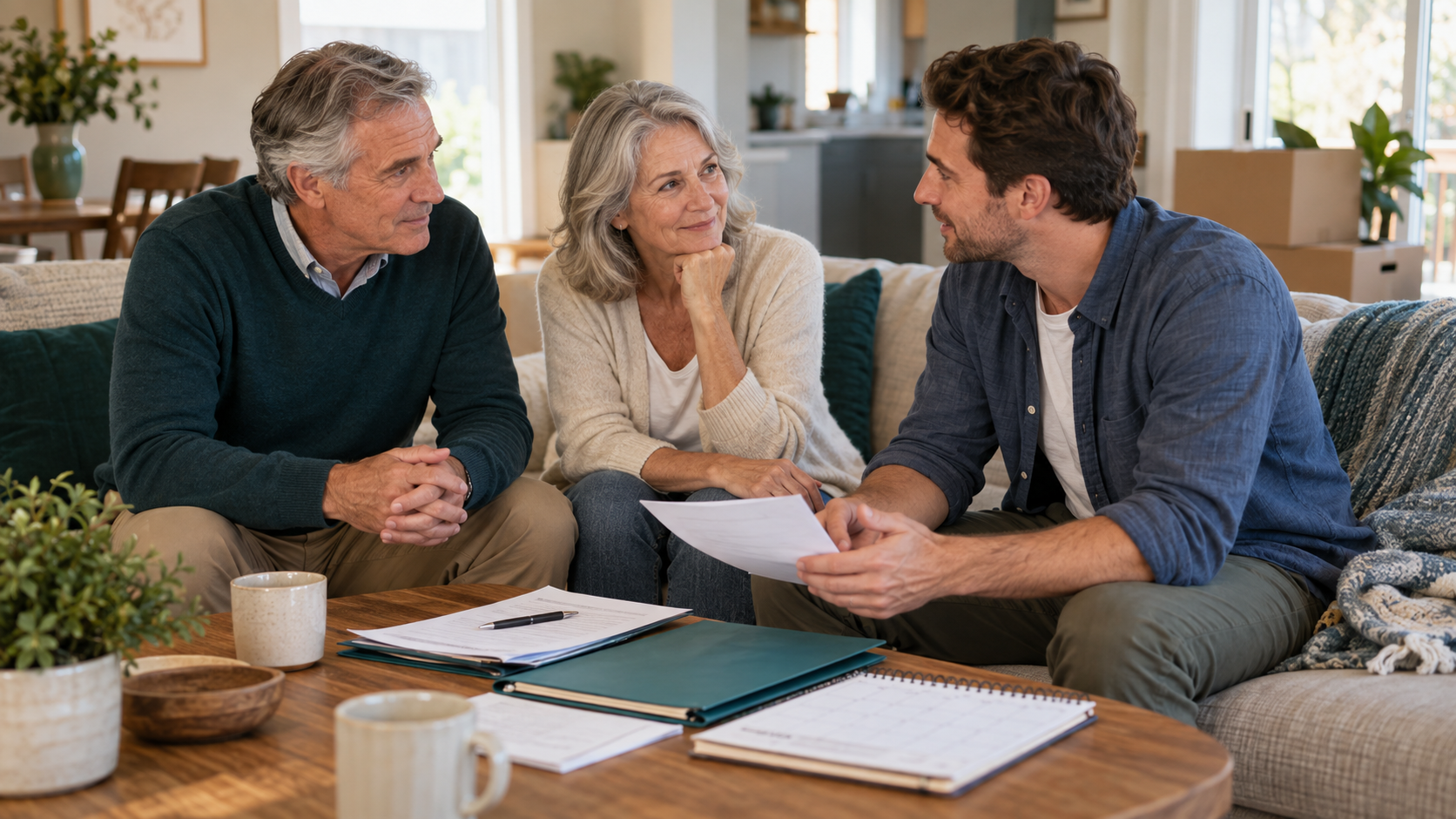 A family calmly discussing practical next steps at home